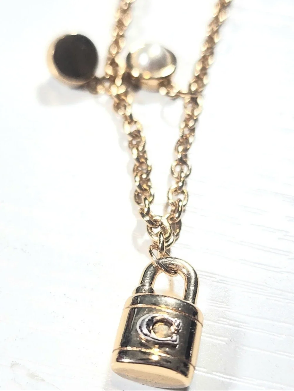 Coach Signature Padlock & Key Pearl Charm Bracelet Gold Silver Toggle Clasp